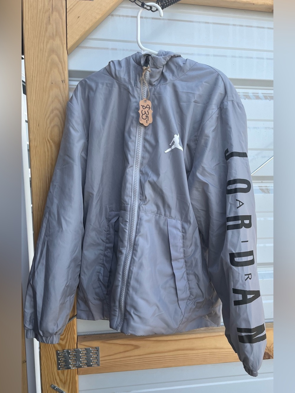 Jordan Kids Light Gray Windbreaker Jacket with Black Sleeve Logo